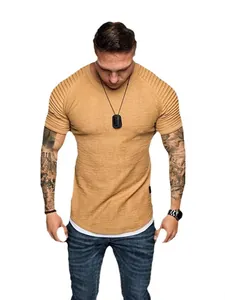 Slim fit men's pleated raglan sleeve T-shirt with textured shoulder detail.