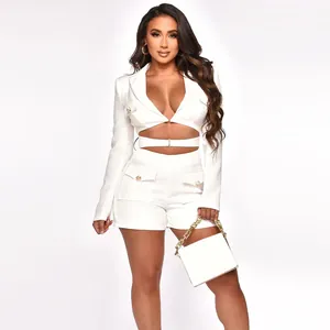 Sexy white deep V neck fashion romper with waist cut-outs and cargo pocket details