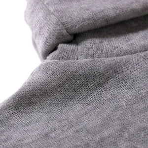Macro view of the soft grey thermal knit fabric and high-neck stitching detail of men's top.