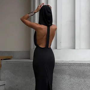 Back view of a sexy hooded backless dress in black showing detailed slim fit design