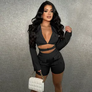 Stylish black deep V-neck long sleeve two-piece set featuring pocket shorts and buckle