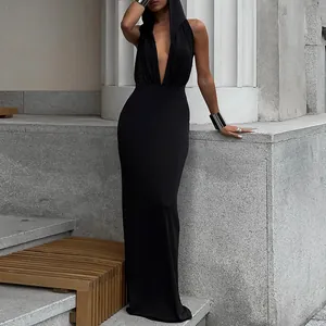 Elegant black slim-fit maxi dress featuring a deep V-neck and stylish hood detail