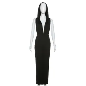 Chic sexy black V-neck hooded slim fit maxi dress with an elegant backless design.