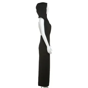 Detailed side view of a black hooded backless maxi dress showing the slim fit design