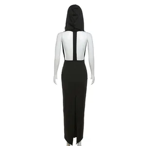 Detailed back view of a black backless hooded maxi dress with slim fit and slit