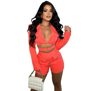 Fashionable coral orange deep V-neck cropped blazer and shorts set with pockets