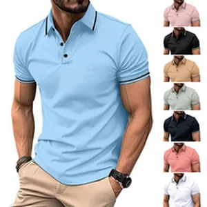 Detailed view of men's slim-fit short sleeve polo shirt in multiple colors