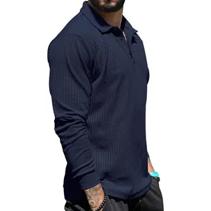Men's ribbed long sleeve polo shirt in navy blue with slim fit design and button collar.