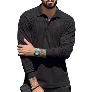 Detailed view of men's black long sleeve ribbed polo shirt with slim fit texture