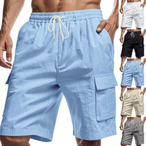 Close-up detail of men's casual corduroy cargo shorts featuring multiple color variants