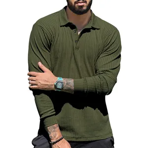 Close-up detail of men's olive green ribbed long-sleeve polo shirt with slim fit