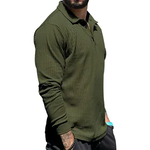 Side view showing texture of olive green ribbed long sleeve polo shirt for men