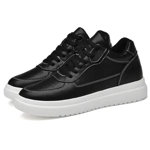 Men's and women's black platform sneakers with 6cm height increase and breathable leather upper