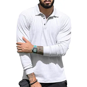 Detailed view of a men's white long-sleeved polo shirt with ribbed texture and classic lapel.