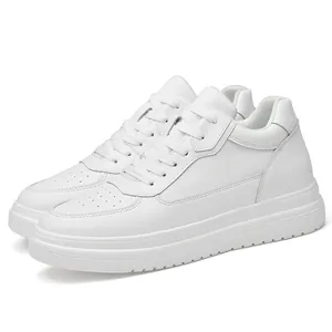 Classic all-white casual sneakers featuring 6cm height-increasing thick sole and breathable toe
