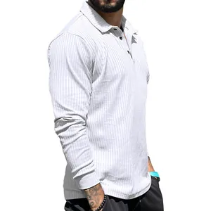Close-up view of a men's white long-sleeved ribbed polo shirt showing its fine texture