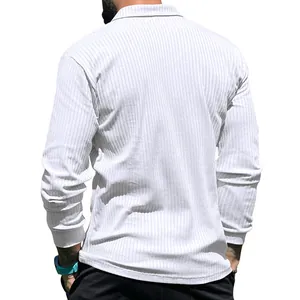Detailed back view of a white ribbed long-sleeved polo shirt for men in casual fit