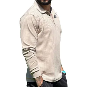 Close-up of men's beige long sleeve ribbed polo shirt with slim fit design