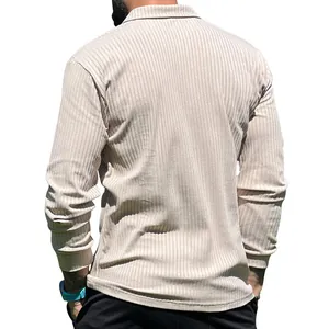 Back view of men's beige long-sleeved ribbed polo shirt showing slim fit and texture