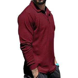 Detailed view of men's burgundy ribbed long sleeve polo shirt texture