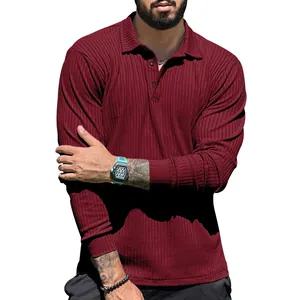 Detailed view of maroon long-sleeve ribbed polo shirt with classic lapel collar.
