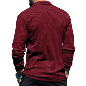 Detailed back view of a men's maroon ribbed long-sleeve polo shirt with casual lapel