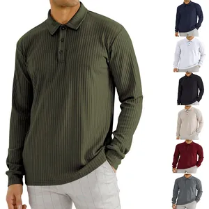 Close-up of men's ribbed texture long sleeve polo shirt showing multi-color options