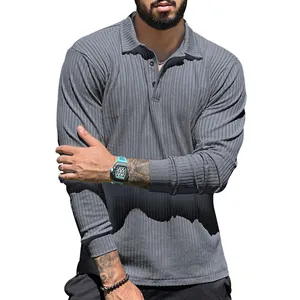 Close-up of men's grey ribbed long-sleeve polo shirt featuring a classic lapel collar
