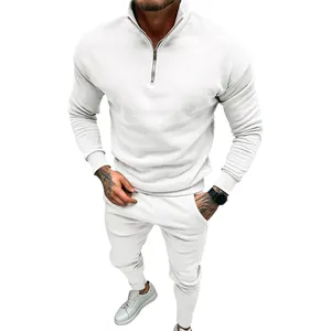 Men's solid white tracksuit set with half-zip sweatshirt and matching sweatpants
