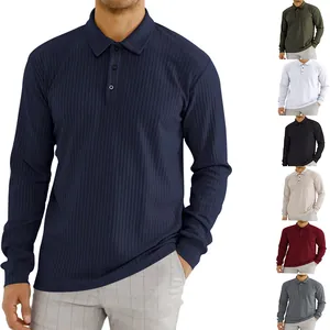Men's Ribbed Long Sleeve Polo Shirt Loose Fit Knitted Cotton Blend Casual Lapel Top Autumn Urban Fashion Solid Color
