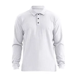 Close-up detail of white ribbed long sleeve polo shirt featuring soft textured fabric.