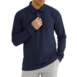 Detailed macro view showing the vertical ribbed texture of navy blue men's polo shirt