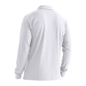 Back view of a high-quality men's white ribbed long-sleeve Polo shirt with a loose fit.