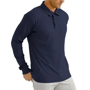 Detailed view of men's navy blue ribbed long sleeve polo shirt with classic collar