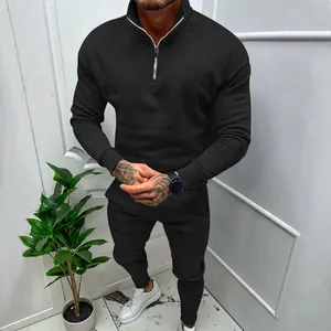 Men's solid black half-zip fleece tracksuit set for casual autumn and winter wear