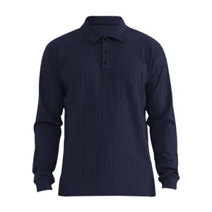Navy blue men's long-sleeve polo shirt featuring a distinct vertical ribbed texture design.