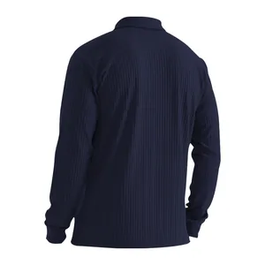 Rear view of a navy blue ribbed long-sleeve polo shirt showing detailed fabric texture