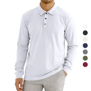 Men's ribbed long-sleeve polo shirt with buttons and multiple color variant swatches