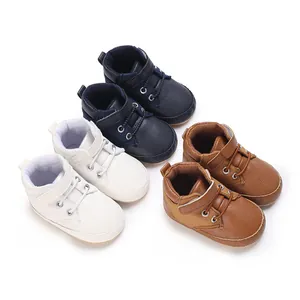 Scarpe Primi Passi per Neonati Maschi Suola Morbida in PU Artificiale e Tessuto Sneaker a Taglio Alto Con Chiusura a Strappo Antiscivolo