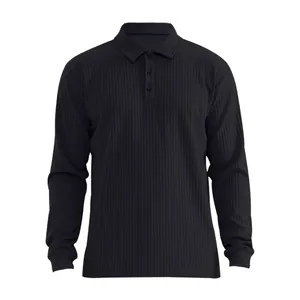 Detailed view of men's black long sleeve polo shirt with vertical ribbed knit texture
