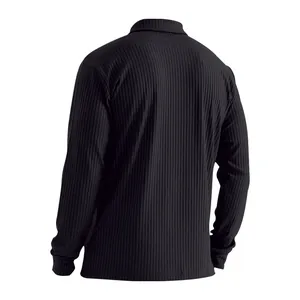 Back view of a men's black ribbed long sleeve polo shirt with classic collar detail.