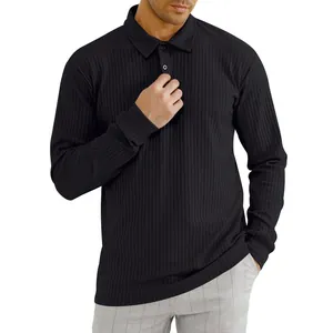 Macro detail of men's black ribbed long-sleeved polo shirt showing fabric texture