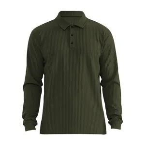 Olive green long-sleeved polo shirt with ribbed texture and classic collar design.
