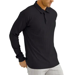 Close-up of men's black long-sleeved ribbed polo shirt with classic collar design.