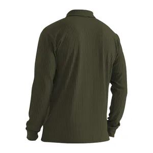Back view of men's long-sleeve olive green ribbed polo shirt with turnover collar