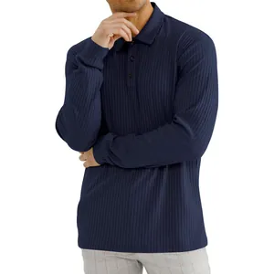 Detailed macro view showing the navy blue ribbed fabric and collar of a men's polo shirt