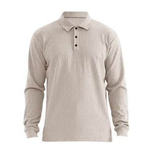Detailed macro view of a men's ribbed long-sleeved polo shirt with lapel collar