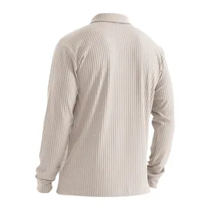 Detailed back view of a men's loose fit ribbed long-sleeved polo shirt in cream