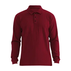 Close-up of men's slim fit long sleeve polo shirt with ribbed texture in deep red