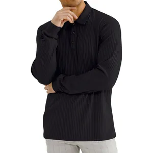 Men's classic black long-sleeved polo shirt featuring a stylish vertical ribbed texture